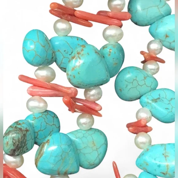 16" Turquoise, Coral & Pearl necklace on 925 Sterling Silver - Picture 6 of 8
